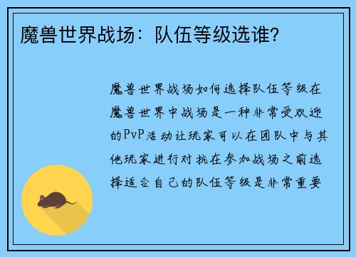 魔兽世界战场：队伍等级选谁？